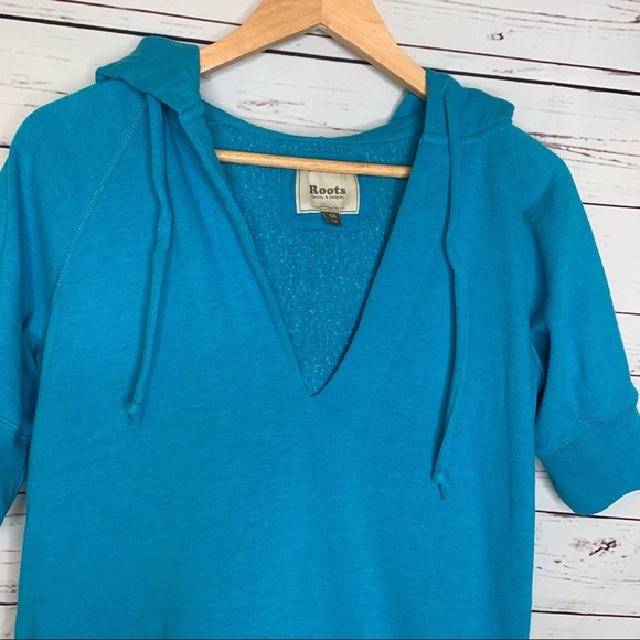 Roots | Short Sleeve V Neck Hooded Blue Sweatshirt with Front Pocket - Picture 3 of 7